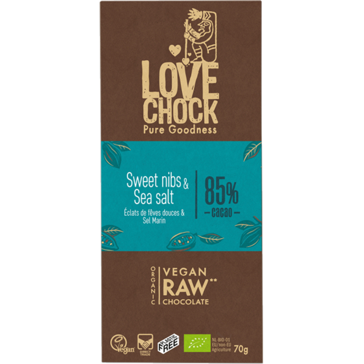 Choklad Kakaonibs & Havssalt 85% EKO 70g i gruppen Råvaror & Dryck / Godis & Choklad / Choklad & Bars hos Rawfoodshop Scandinavia AB (14001)