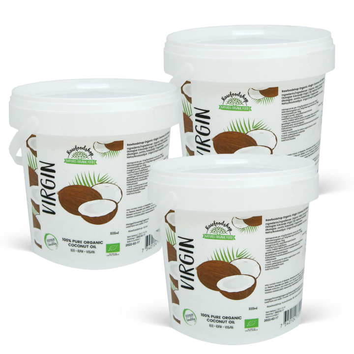 Kokosolja Virgin RAW EKO 1000ml x 3 burkar i gruppen Hud & Kropp / Naturlig DIY / Fetter & Vax / Kokosolja hos Rawfoodshop Scandinavia AB (15064-1000-SET3)