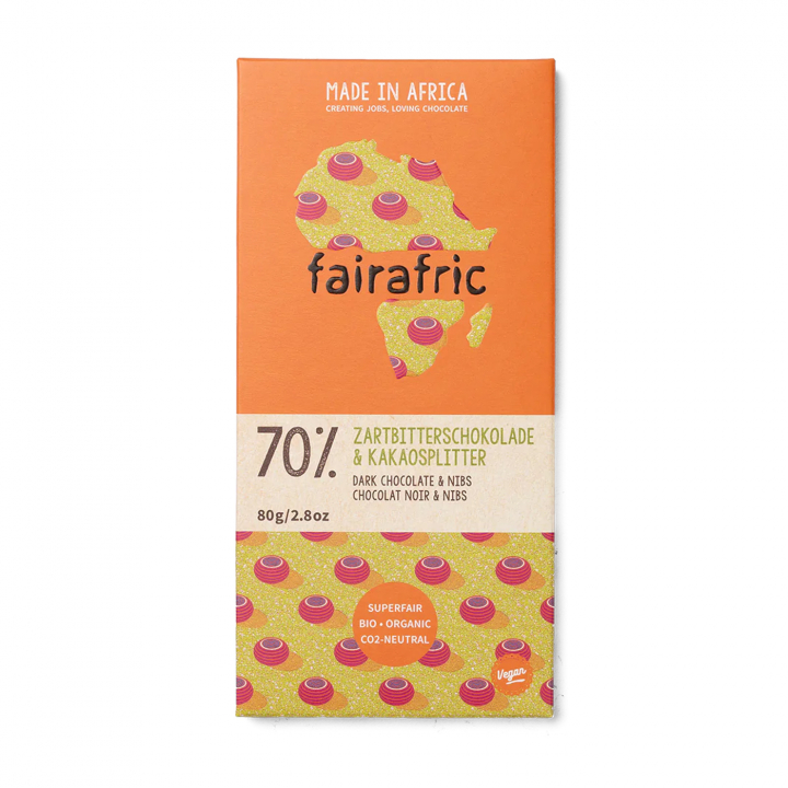 Fairafric - Mörk Choklad + Nibs 70% 80g i gruppen Råvaror & Dryck / Godis & Choklad / Choklad & Bars hos Rawfoodshop Scandinavia AB (22293)