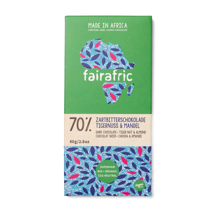 Fairafric - Mörk Choklad Jordmandel + Mandel 70% 80g i gruppen Råvaror & Dryck / Godis & Choklad / Choklad & Bars hos Rawfoodshop Scandinavia AB (22296)