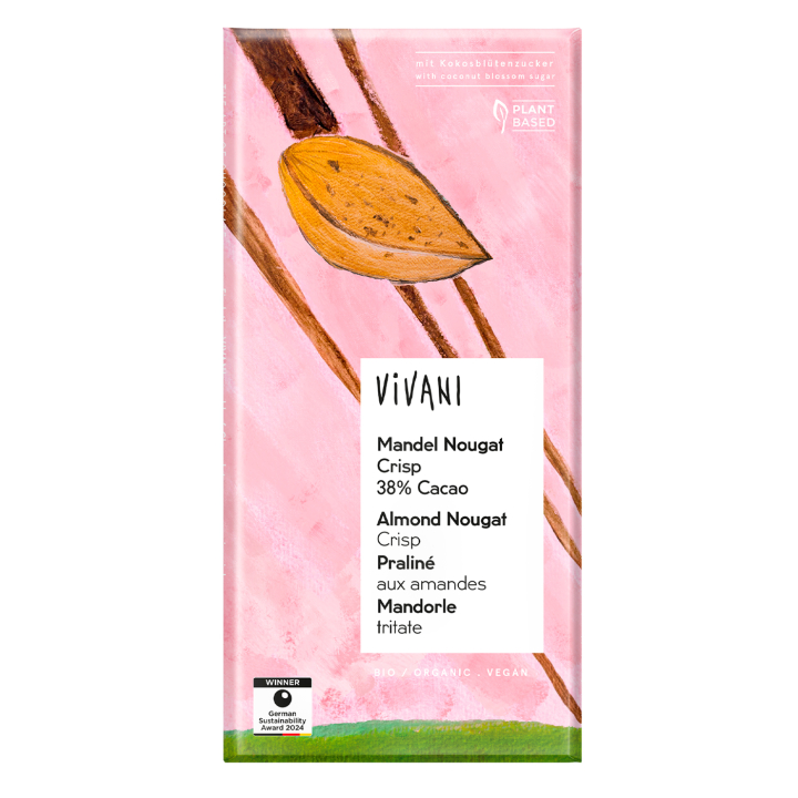 Vivani Almond Nougat Crisp 38% EKO 80g i gruppen Råvaror & Dryck / Godis & Choklad / Choklad & Bars hos Rawfoodshop Scandinavia AB (25094)
