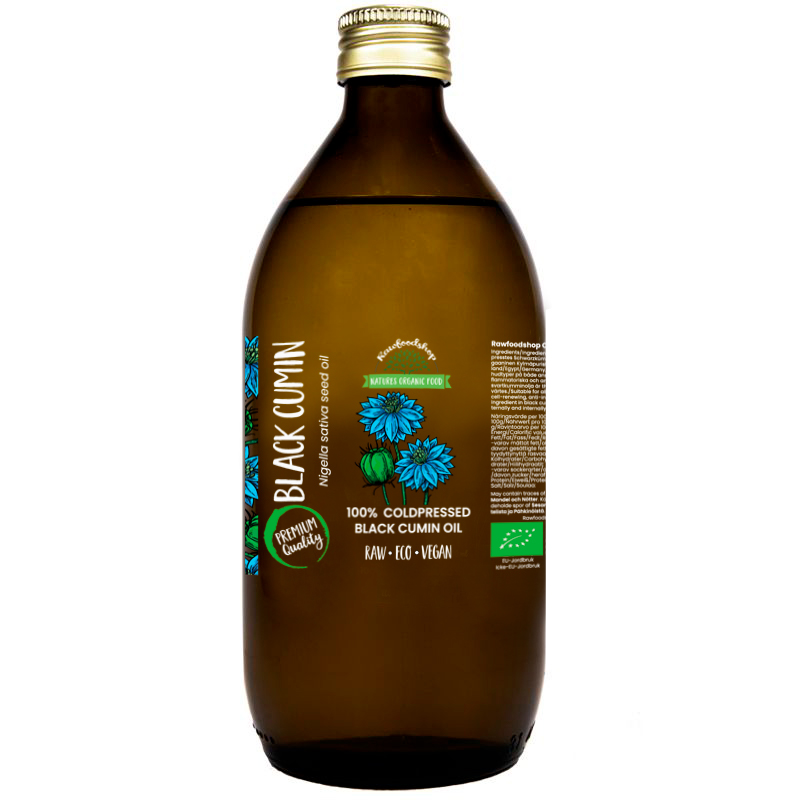 Svartkumminolja kallpressad EKO 500ml i gruppen Hud & Kropp / Naturlig DIY / Vegetabiliska Oljor hos Rawfoodshop Scandinavia AB (30044-3)