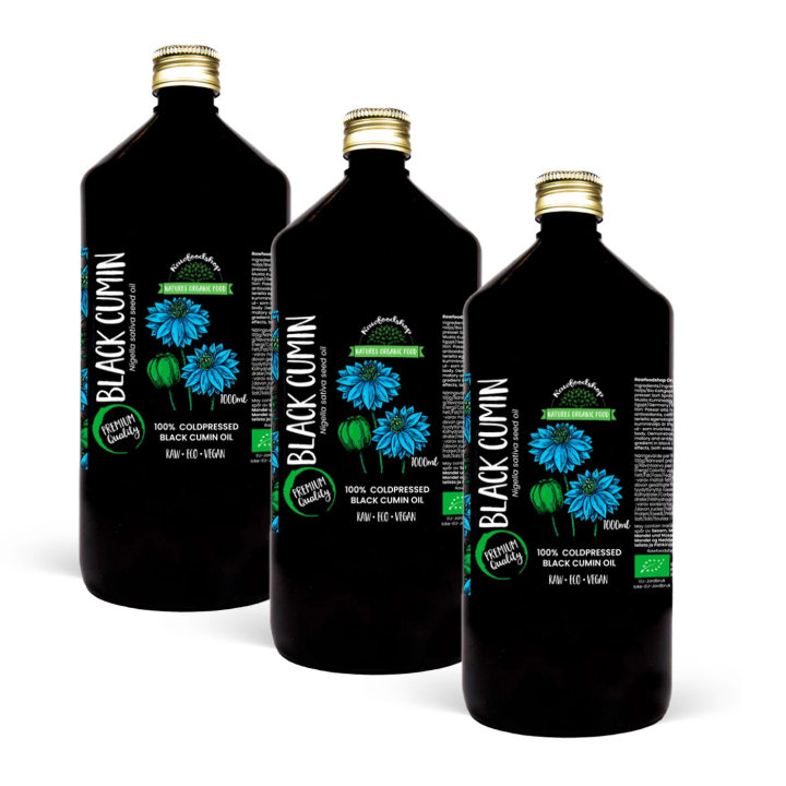 Svartkumminolja kallpressad EKO 1000ml x 3 flaskor i gruppen Hud & Kropp / Naturlig DIY / Vegetabiliska Oljor hos Rawfoodshop Scandinavia AB (300444-SET3)