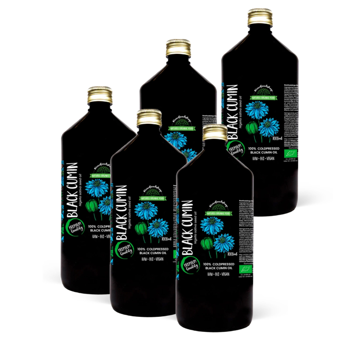 Svartkumminolja kallpressad EKO 1000ml x 5 flaskor i gruppen Hud & Kropp / Naturlig DIY / Vegetabiliska Oljor hos Rawfoodshop Scandinavia AB (300444-SET5)