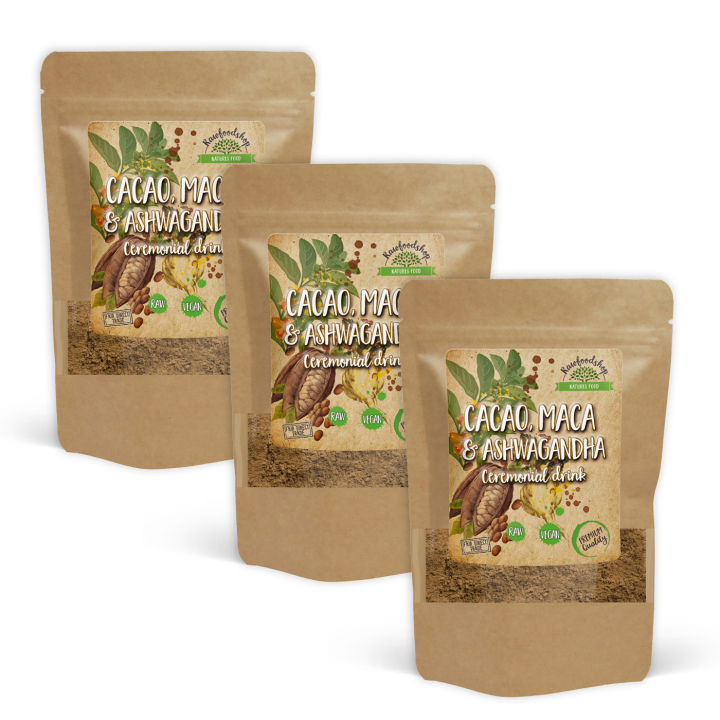 Kakaopulver Ceremoniell Ashwagandha & Maca 100g x 3 paket i gruppen Råvaror & Dryck / Bakning / Kakaoprodukter hos Rawfoodshop Scandinavia AB (AYAM121-SET3)