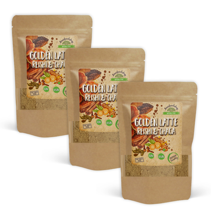 Golden Latte Pulver med Reishi & Chaga 100g x 3 paket i gruppen Råvaror & Dryck / Drycker / Övrigt hos Rawfoodshop Scandinavia AB (AYAM131-SET3)