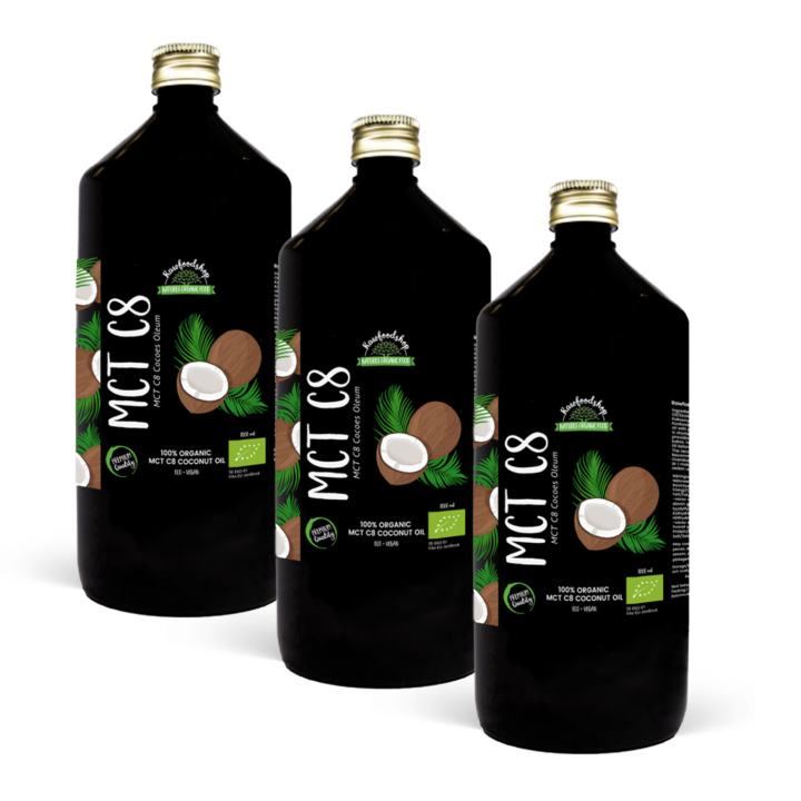 Kokosolja MCT8 EKO 1000ml x 3 flaskor i gruppen Råvaror & Dryck / Nötter / Nötoljor hos Rawfoodshop Scandinavia AB (MGT06441-SET3)