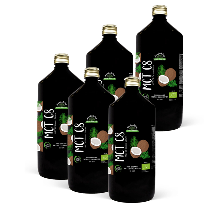Kokosolja MCT8 EKO 1000ml x 5 flaskor i gruppen Råvaror & Dryck / Skafferiet / Oljor / Oljor hos Rawfoodshop Scandinavia AB (MGT06441-SET5)