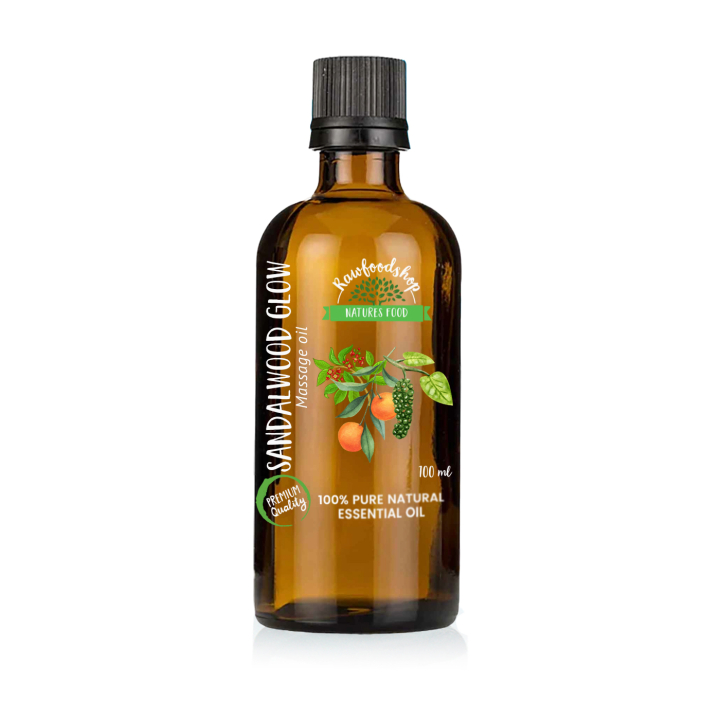 Sandalwood Glow Massage Oil 100ml i gruppen Kroppsvård / DIY Råvaror / Eteriska oljor hos Rawfoodshop Scandinavia AB (MOLUL-03)