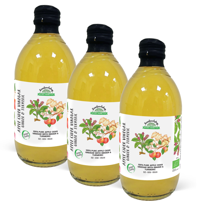 Äppelcidervinäger Ingefära & Gurkmeja Ofiltrerad EKO 500ml x 3 flaskor i gruppen Råvaror & Dryck / Skafferiet / Smaksättning / Vinäger hos Rawfoodshop Scandinavia AB (PFAPSSY050006-SET3)