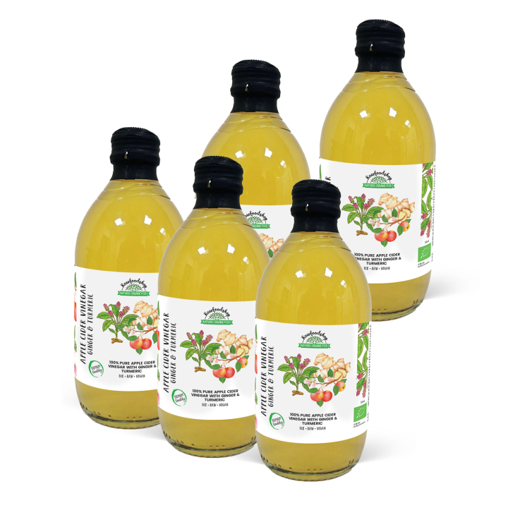 Äppelcidervinäger Ingefära & Gurkmeja Ofiltrerad EKO 500ml x 5 flaskor i gruppen Råvaror & Dryck / Skafferiet / Smaksättning / Vinäger hos Rawfoodshop Scandinavia AB (PFAPSSY050006-SET5)