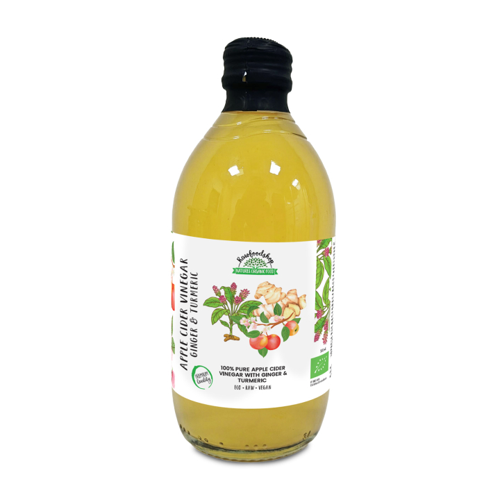 Äppelcidervinäger Ingefära & Gurkmeja Ofiltrerad RAW EKO 500ml i gruppen Råvaror & Dryck / Skafferiet / Smaksättning / Vinäger hos Rawfoodshop Scandinavia AB (PFAPSSY050006)