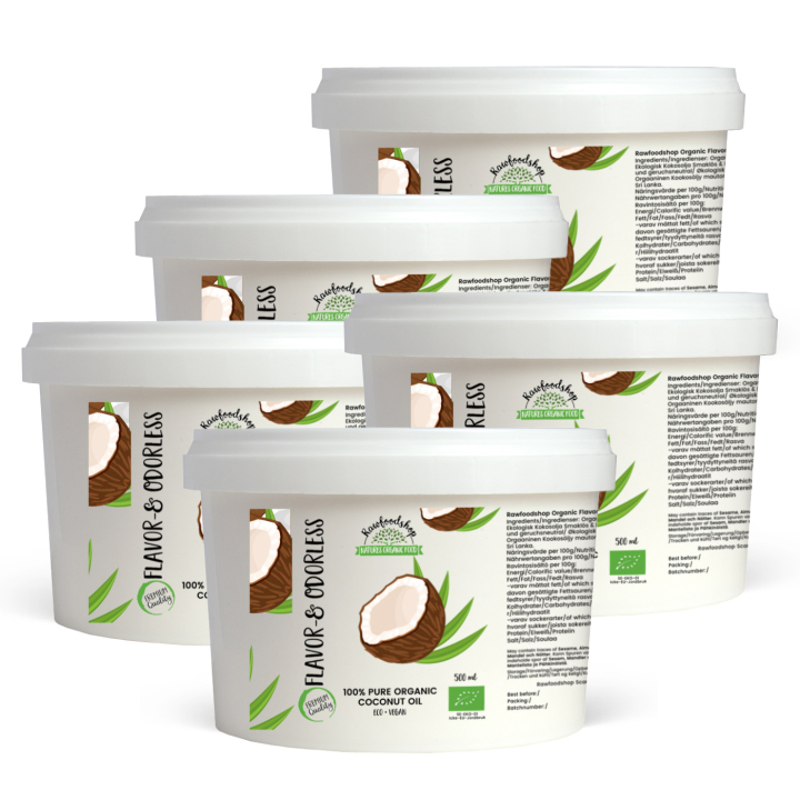 Kokosolja Smak & Doftfri EKO 500ml x 5 burkar i gruppen Råvaror & Dryck / Nötter / Nötoljor hos Rawfoodshop Scandinavia AB (RFET400225E-SET5)