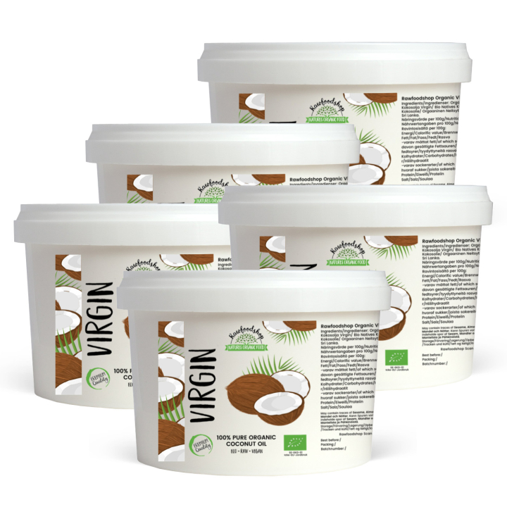 Kokosolja Virgin RAW EKO 500ml x 5 burkar i gruppen Råvaror & Dryck / Nötter / Nötoljor hos Rawfoodshop Scandinavia AB (ROLJ400416E-SET5)