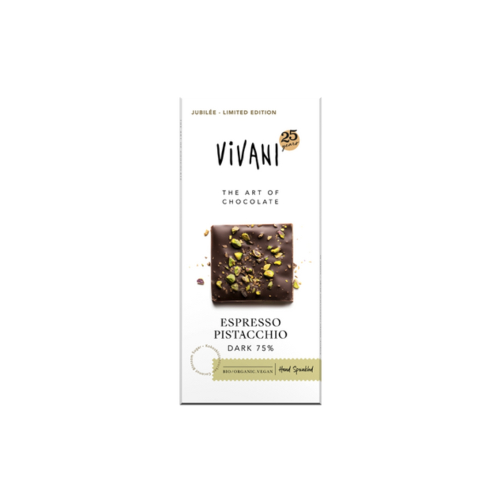 Choklad Mörk 75% Espresso Pistage EKO 80g i gruppen Råvaror & Dryck / Godis & Choklad / Choklad & Bars hos Rawfoodshop Scandinavia AB (VIVESPRESSO)