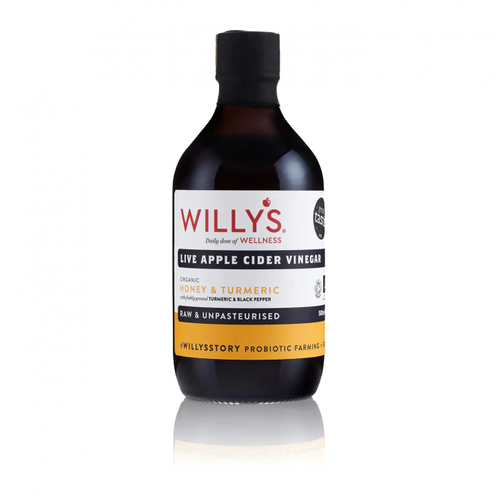 Willy's Organic Live Turmeric & Honey Apple Cider Vinegar 500 ml i gruppen Råvaror & Dryck / Skafferiet / Smaksättning / Vinäger hos Rawfoodshop Scandinavia AB (WILL002)