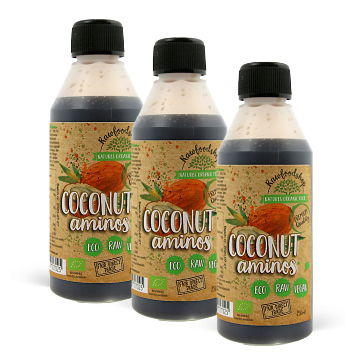 Kokos Aminos EKO 250ml x 3 flaskor i gruppen Råvaror & Dryck / Skafferiet / Smaksättning / Soja & Sås hos Rawfoodshop Scandinavia AB (1731-SET3)