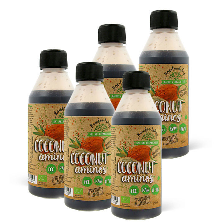 Kokos Aminos EKO 250ml x 5 flaskor i gruppen Råvaror & Dryck / Skafferiet / Smaksättning / Soja & Sås hos Rawfoodshop Scandinavia AB (1731-SET5)