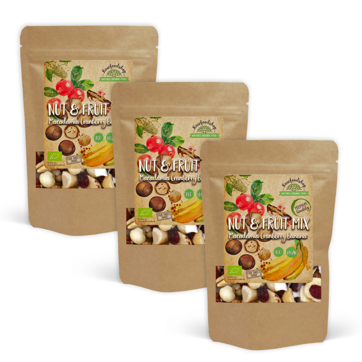 Nöt- & Fruktmix Macadamia Tranbär Banan EKO 200g x 3 paket i gruppen Råvaror & Dryck / Godis & Choklad / Snacks hos Rawfoodshop Scandinavia AB (270722-SET3)