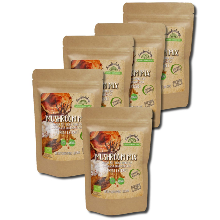 Mushroom mix Extract EKO 400mg 60 kapslarx 5 paket i gruppen Kosttillskott / Örter & Växter / Svampar hos Rawfoodshop Scandinavia AB (CAPSMUS60-SET5)
