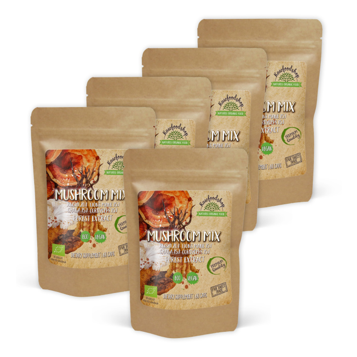 Mushroom mix Extract EKO 400mg 60 kapslarx 5 paket i gruppen Kosttillskott / Örter & Växter / Svampar hos Rawfoodshop Scandinavia AB (CAPSMUS60-SET5)
